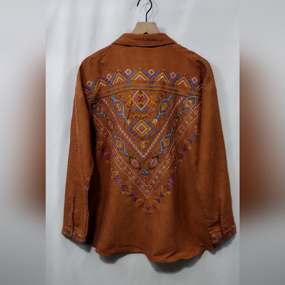 NWT Umgee Embroidered Corduroy Cutton Shirt Women's M Orange Retro Cowgirl Y2K